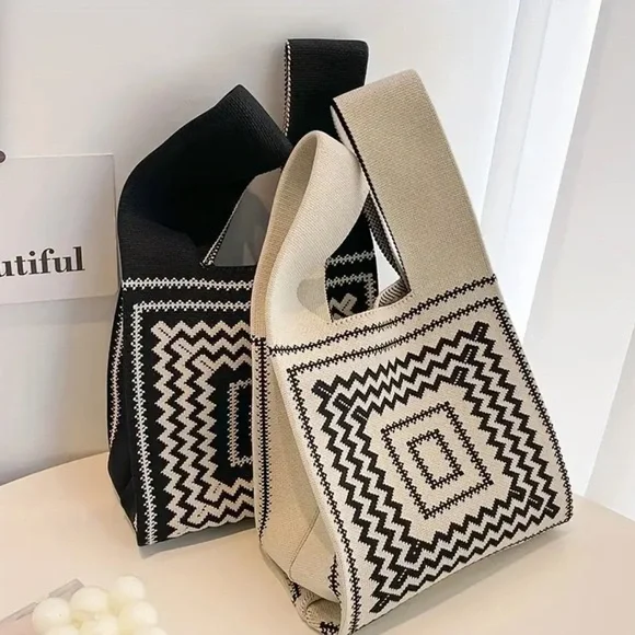 Boho Elegant Color block Knitted Tote Bag, Vintage Geometric Zigzag Pattern, - Picture 4 of 5